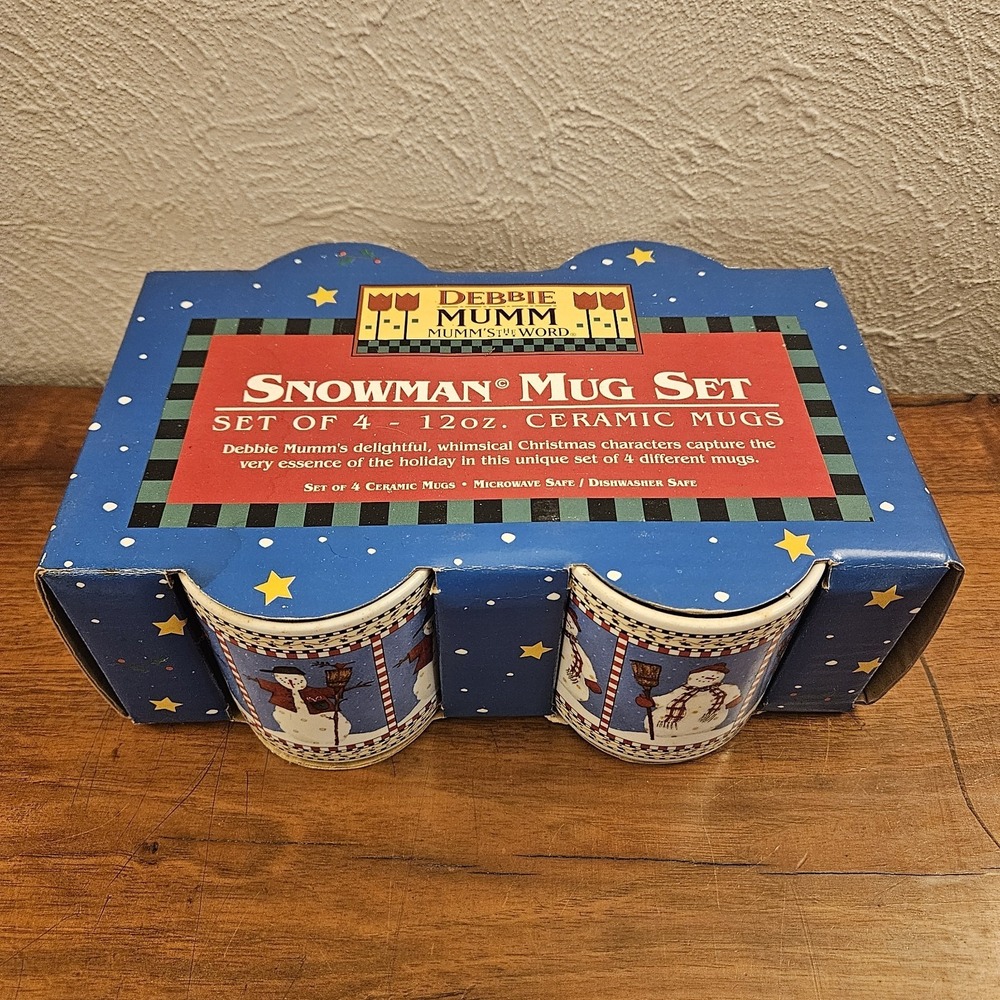 Debbie Mumm Snowman Mug Set of 4 Ceramic Stoneware Christmas Mugs Blue Sakura